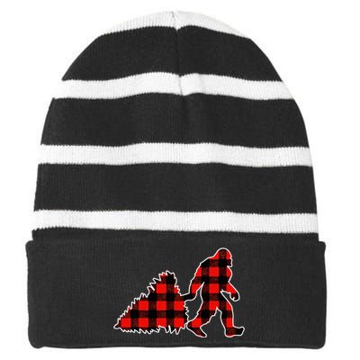 Red Buffalo Plaid Pajama Bigfoot Christmas Striped Beanie with Solid Band