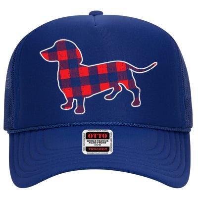 Red Bufallo Plaid Dachshund Dog Xmas Holiday Wiener Gift Cool Gift High Crown Mesh Back Trucker Hat