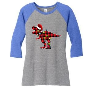 Red Buffalo Plaid Trex Dinosaur Christmas Tree Lights Gift Women's Tri-Blend 3/4-Sleeve Raglan Shirt