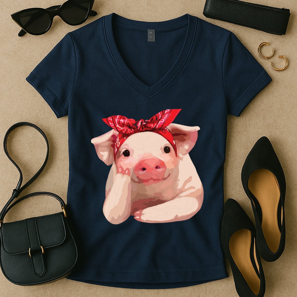 Red Bandanna Pig Funny I Love Piggy Women's V-Neck T-Shirt