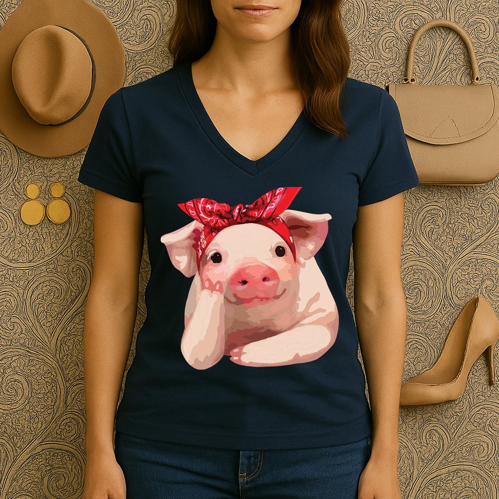 Red Bandanna Pig Funny I Love Piggy Women's V-Neck T-Shirt