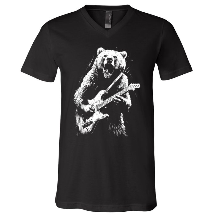 Rock Bear Playing Guitar Funny Guitar Bear Music V-Neck T-Shirt