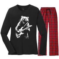 Rock Bear Playing Guitar Funny Guitar Bear Music Women's Long Sleeve Flannel Pajama Set 