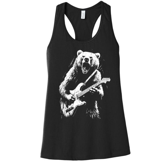 Rock Bear Playing Guitar Funny Guitar Bear Music Women's Racerback Tank