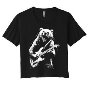 Rock Bear Playing Guitar Funny Guitar Bear Music Women's Crop Top Tee