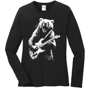 Rock Bear Playing Guitar Funny Guitar Bear Music Ladies Long Sleeve Shirt