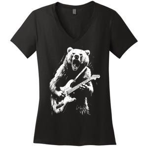 Rock Bear Playing Guitar Funny Guitar Bear Music Women's V-Neck T-Shirt