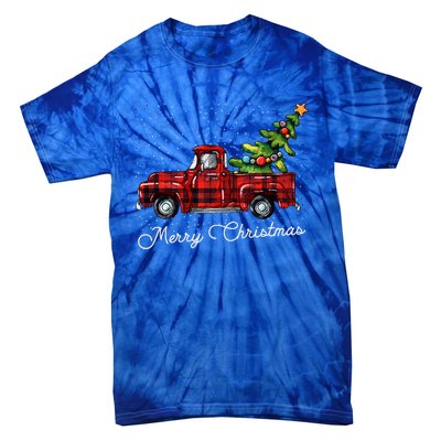 Red Buffalo Plaid Pickup Truck With Tree Merry Christmas Funny Gift Tie-Dye T-Shirt