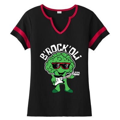 Rocking Broccoli Playing Guitar Veggie Vegetable Vegetarian Ladies Halftime Notch Neck Tee