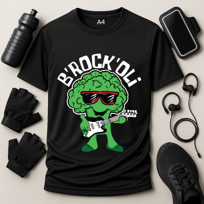 Rocking Broccoli Playing Guitar Veggie Vegetable Vegetarian Cooling Performance Crew T-Shirt