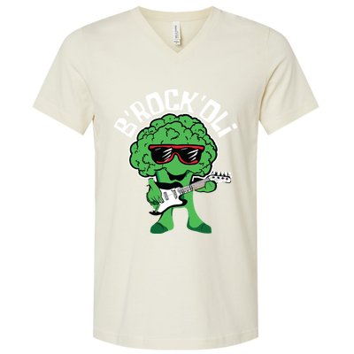 Rocking Broccoli Playing Guitar Veggie Vegetable Vegetarian V-Neck T-Shirt