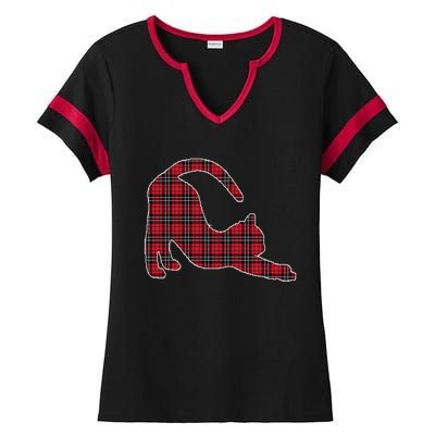 Red Buffalo Plaid Cat Matching Family Christmas Gift Ladies Halftime Notch Neck Tee