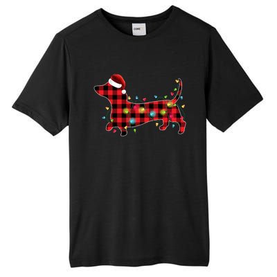 Red Buffalo Plaid Dachshund Christmas Tree Lights Pajama Gift Tall Fusion ChromaSoft Performance T-Shirt