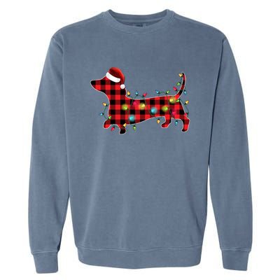 Red Buffalo Plaid Dachshund Christmas Tree Lights Pajama Gift Garment-Dyed Sweatshirt