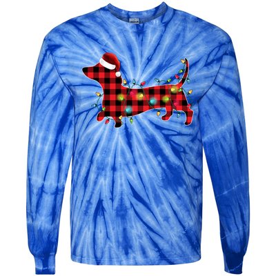 Red Buffalo Plaid Dachshund Christmas Tree Lights Pajama Gift Tie-Dye Long Sleeve Shirt