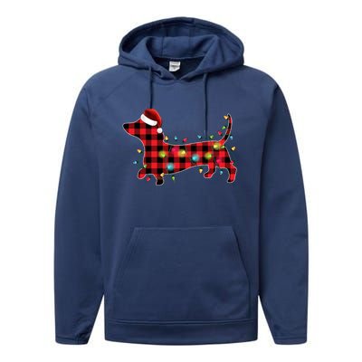 Red Buffalo Plaid Dachshund Christmas Tree Lights Pajama Gift Performance Fleece Hoodie