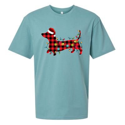 Red Buffalo Plaid Dachshund Christmas Tree Lights Pajama Gift Sueded Cloud Jersey T-Shirt