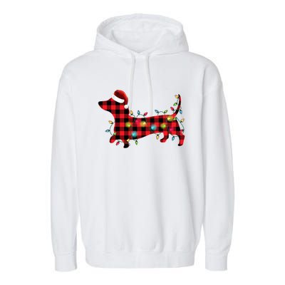 Red Buffalo Plaid Dachshund Christmas Tree Lights Pajama Gift Garment-Dyed Fleece Hoodie