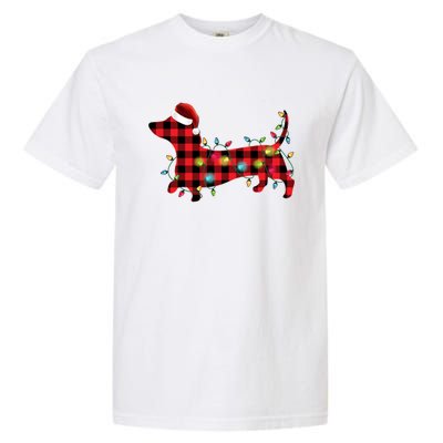 Red Buffalo Plaid Dachshund Christmas Tree Lights Pajama Gift Garment-Dyed Heavyweight T-Shirt