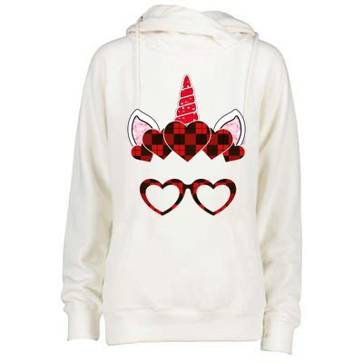 Red Buffalo Plaid Valentines Day Unicorn Face Hearts Cute Gift Womens Funnel Neck Pullover Hood