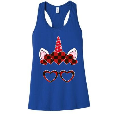 Red Buffalo Plaid Valentines Day Unicorn Face Hearts Cute Gift Women's Racerback Tank