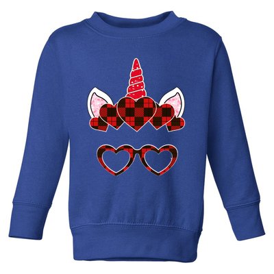 Red Buffalo Plaid Valentines Day Unicorn Face Hearts Cute Gift Toddler Sweatshirt