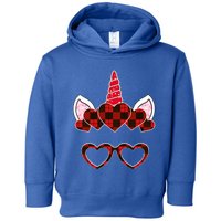 Red Buffalo Plaid Valentines Day Unicorn Face Hearts Cute Gift Toddler Hoodie