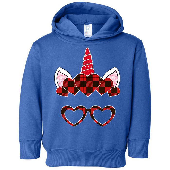 Red Buffalo Plaid Valentines Day Unicorn Face Hearts Cute Gift Toddler Hoodie