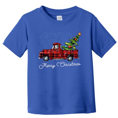 Red Buffalo Plaid Pickup Truck With Tree Merry Christmas Gift Toddler T-Shirt