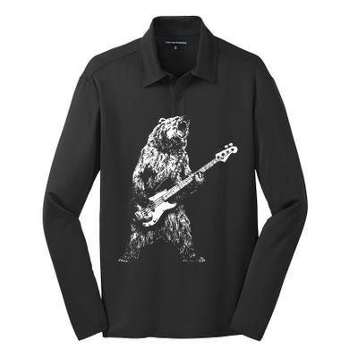 Retro Bear Playing Bass Guitar Bear Guitarist Music Lovers Silk Touch Performance Long Sleeve Polo