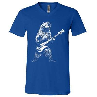 Retro Bear Playing Bass Guitar Bear Guitarist Music Lovers V-Neck T-Shirt