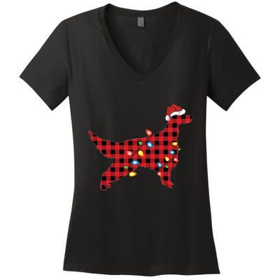 Red Buffalo Plaid Santa Irish Setter Dog Christmas Pajama Sweatshirt Women's V-Neck T-Shirt