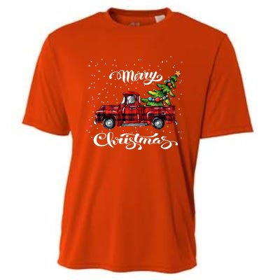 Red Buffalo Plaid Pickup Truck With Tree Merry Xmas Cooling Performance Crew T-Shirt