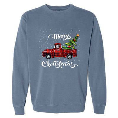 Red Buffalo Plaid Pickup Truck With Tree Merry Xmas Garment-Dyed Sweatshirt