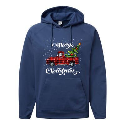 Red Buffalo Plaid Pickup Truck With Tree Merry Xmas Performance Fleece Hoodie