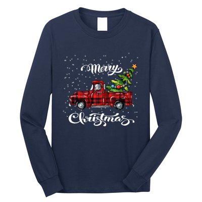 Red Buffalo Plaid Pickup Truck With Tree Merry Xmas Long Sleeve Shirt