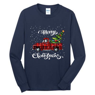 Red Buffalo Plaid Pickup Truck With Tree Merry Xmas Tall Long Sleeve T-Shirt