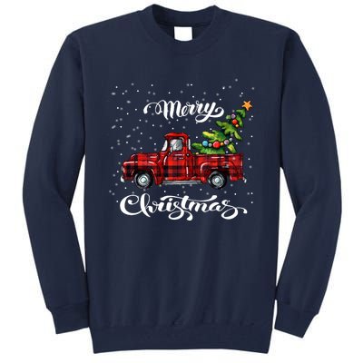 Red Buffalo Plaid Pickup Truck With Tree Merry Xmas Tall Sweatshirt