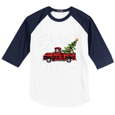 Red Buffalo Plaid Pickup Truck With Tree Merry Xmas Baseball Sleeve Shirt