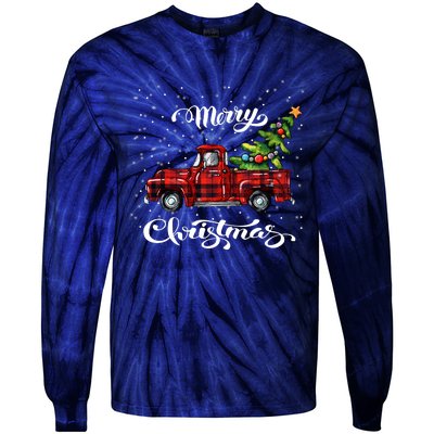 Red Buffalo Plaid Pickup Truck With Tree Merry Xmas Tie-Dye Long Sleeve Shirt