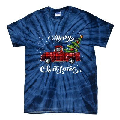 Red Buffalo Plaid Pickup Truck With Tree Merry Xmas Tie-Dye T-Shirt