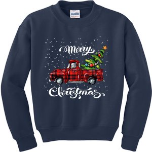 Red Buffalo Plaid Pickup Truck With Tree Merry Xmas Kids Sweatshirt