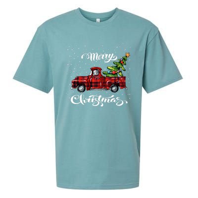 Red Buffalo Plaid Pickup Truck With Tree Merry Xmas Sueded Cloud Jersey T-Shirt