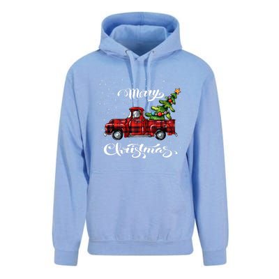 Red Buffalo Plaid Pickup Truck With Tree Merry Xmas Unisex Surf Hoodie