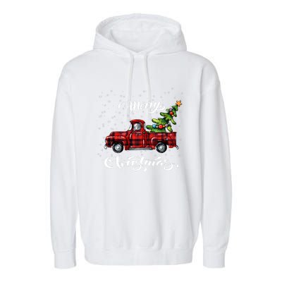 Red Buffalo Plaid Pickup Truck With Tree Merry Xmas Garment-Dyed Fleece Hoodie