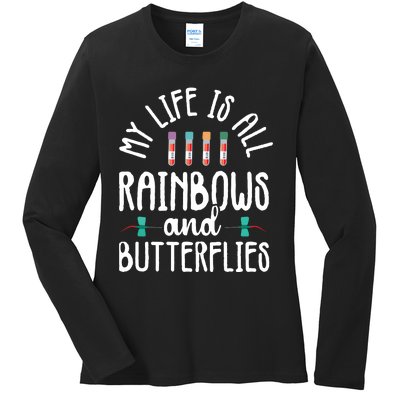 Rainbow Butterflies Phlebotomist Phlebotomy Technician Nurse Ladies Long Sleeve Shirt