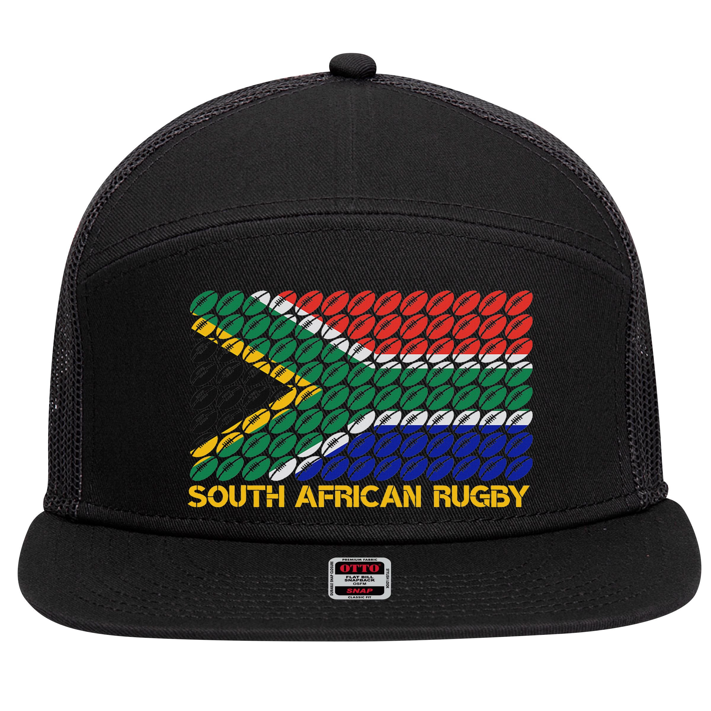 Rugby Ball Pattern South Africa Flag 7 Panel Mesh Trucker Snapback Hat