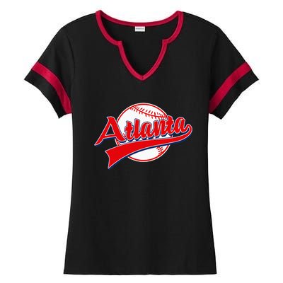 Retro Baseball Player Lover Atlanta Distressed Game Day Ladies Halftime Notch Neck Tee