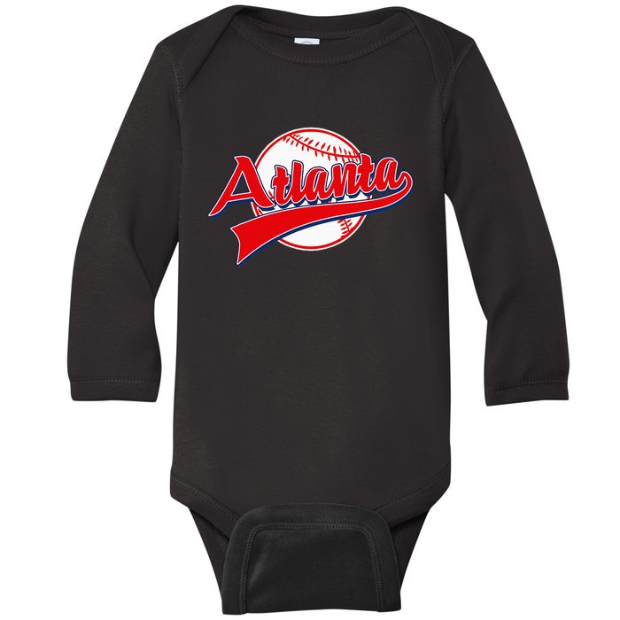 Retro Baseball Player Lover Atlanta Distressed Game Day Baby Long Sleeve Bodysuit