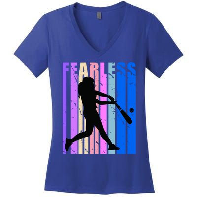 Retro Baseball Queen Fearless Motivational Inspirational Gift Women's V-Neck T-Shirt